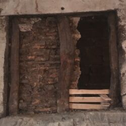 A similar exercise was carried out at higher level. The section on the left was the original lath and clay render. Note. the render was originally applied from the other side of the wall.
